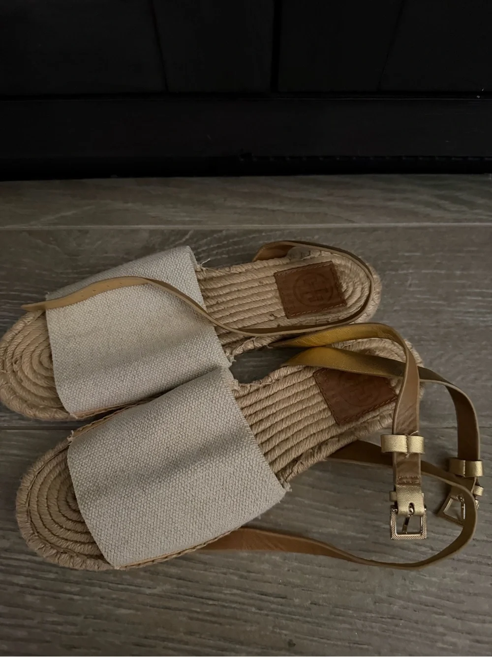 Tory Burch Beige Canvas Espadrille Sandals with Tan Ankle Strap